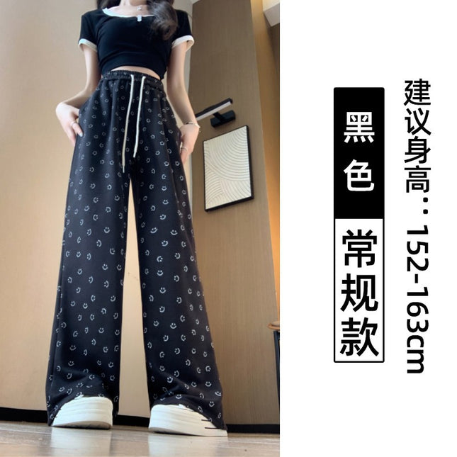 Grey Smiley Print Straight Leg Wide Leg Pants Women's Spring and Autumn New High Waist Dumping Sports Pants Loose Slimming Casual