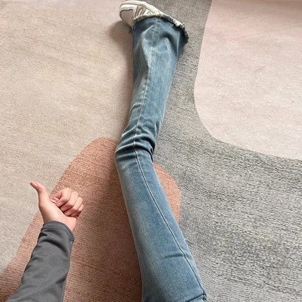 Vintage Blue High Waist Burr-Edge Micro-Lar Jeans Women's Trendy All-Match New Slim-Fit Slimming Trumpet Long Pants