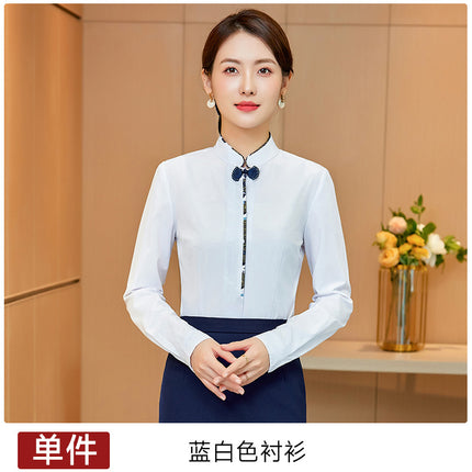White Shirt Women's Vertical Collar Slim-fit Slimming Top with Buckle Korean Style Elegant Hotel Front Desk Attendant Professional Shirt