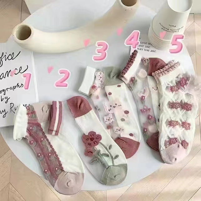 Glass Silk Stockings Children's Shallow Socks Thin Spring and Summer Crystal Silk Sweet Mori Short Tube Boat Socks Student Socks Flowers