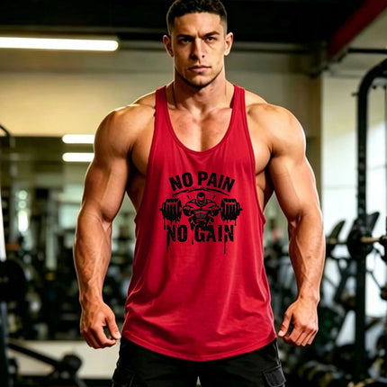 Summer Men's Vest Thin Strap Sports European and American Bodybuilding Fitness T-shirt Printed logo Waistle I-Shoulder Loose Men