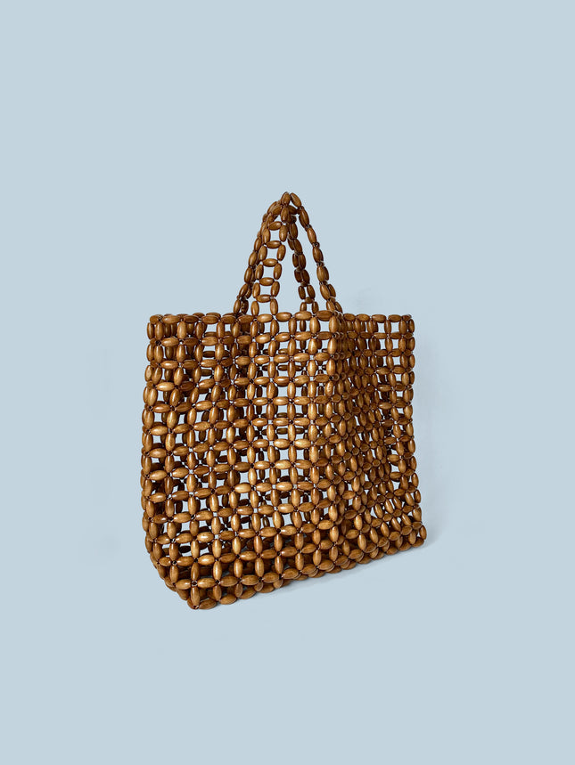 South Korea Ins Niche Design Wooden Bead Bag Handmade Woven Bag Underarm Bag Shoulder Bag Hollow Bag Holiday Beach Bag