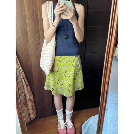 plus size chubby girl Designing Green Floral Lace-Up Skirt Women's Summer New Arrival Printed A- Line Short Skirt Medium Skirt