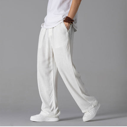 Cotton and linen pants men's summer thin loose linen casual pants outer wear mop floor plus size straight leg pants wholesale