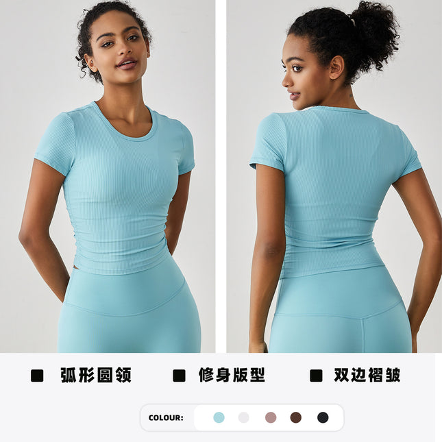 Outdoor Yoga Clothing Women's Spring and Summer Yoga Short-sleeved Running Fitness Clothing Rib Naked Pleated Slim-fit Sports T-shirt