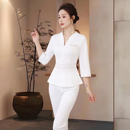 Summer Beauty Salon Short-Sleeved Technician Uniforms for Women, High-End Spa Club Foot Bath and Head Therapy Beautician and Waitress Work Uniforms