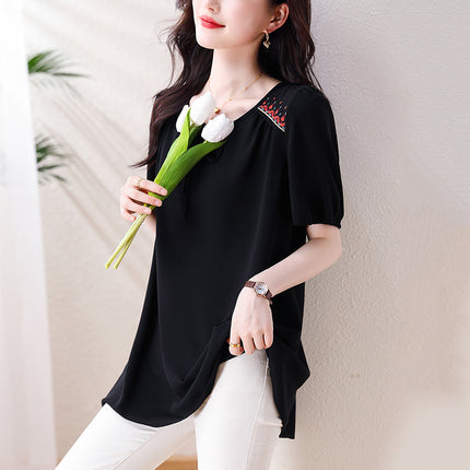 Plus-Size Women's Fashionable Embroidered Chiffon T-Shirt for Chubby Moms, Stylish and Concealing Belly Fat, Eye-Catching Top