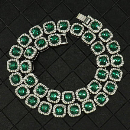 Hip-Hop Style Green Diamond Ice Sugar Cuban Sugar Cube Chain Ice Sugar Necklace Personalized Outfit Light Luxury Cuban Chain Clavicle Chain Neck Chain