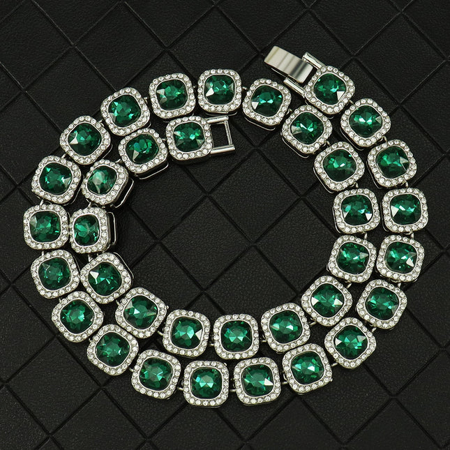 Hip-Hop Style Green Diamond Ice Sugar Cuban Sugar Cube Chain Ice Sugar Necklace Personalized Outfit Light Luxury Cuban Chain Clavicle Chain Neck Chain