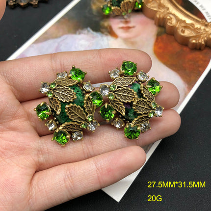 Retro Style Versatile Earrings Ring Leaf Design Copper Material Diamond Pink Crystal Topaz Old Gold Ring Set Jewelry