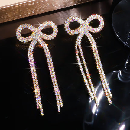 Shein Explosive Bow Long Tassel Earrings Women's Personality Super Flash Rhinestone Bride Wedding All-match Ear Jewelry