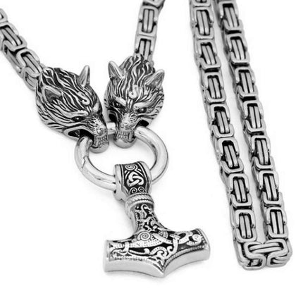 Popular Foreign Trade Viking Wolf Jewelry Stainless Steel Chain Thor Hammer Pendant Necklace Men's Sweater Chain Wholesale Dropshipping