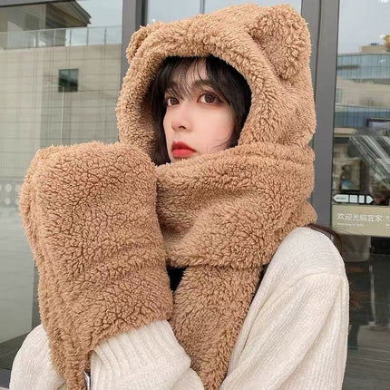 Autumn and Winter Ready-Made Bear Hat Scarf Integrated Gloves Plush Double-Layer Thickeneded Multi-Functional Ear Protection Outdoor Warm Hat