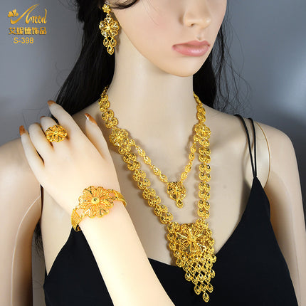 Gold-Plated Pendant Jewelry Set Bridal Wedding Jewelry Sand Gold Long Necklace Bracelet Ring Earrings Cross-Border Best-Selling Model