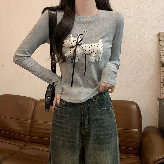 Pure Cotton Three-dimensional Dog Decorative Long-sleeved T-shirt Women's Early Autumn New Slim-fit Bow Round Neck Top