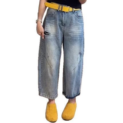 Ripped Cropped Harem Jeans for Women, Spring New Style, Pear-Shaped Figure, Thin Carrot Pants, Plus Size Loose Wide-Leg Pants