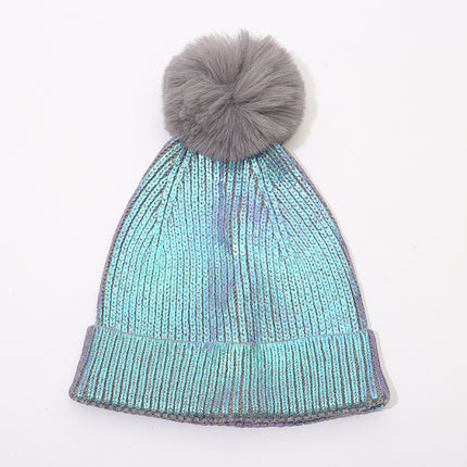 Cross-border laser hat metallic cold hat men and women couple knitted hat hip hop tide hat bronzing silver with fur ball hat