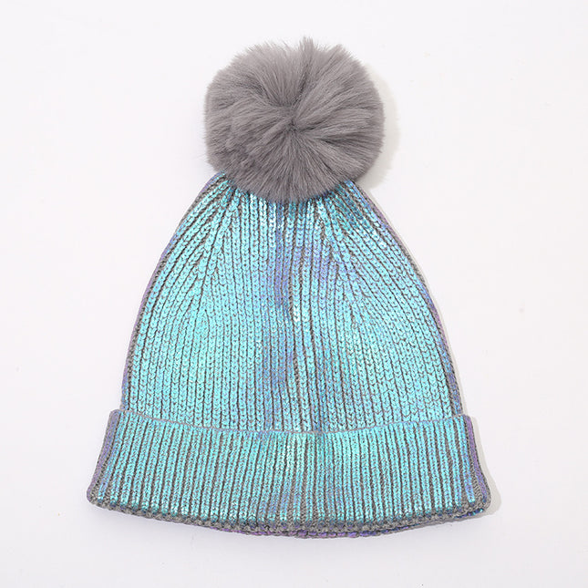 Cross-border laser hat metallic cold hat men and women couple knitted hat hip hop tide hat bronzing silver with fur ball hat