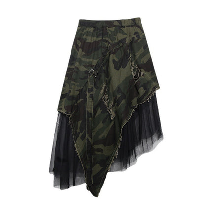 Japanese Style Spliced Mesh Denim Camouflage Skirt for Women Summer New Loose Fashion Niche Western Style A-Line Skirt