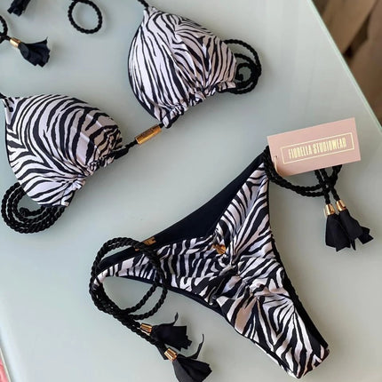 European and American Cross-border New Women's Triangle Bag Rope Bikini Solid Color Sexy Pendant Tassel Swimsuit Women's Bikini