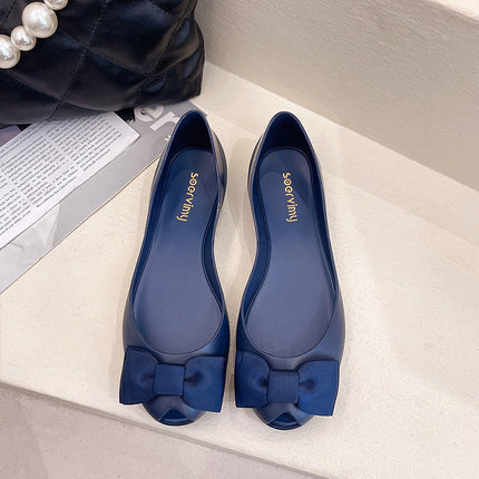 Flat shoes soft bottom women's summer rubber plastic shoes shallow mouth Black breathable non-slip bow fish mouth jelly shoes foreign trade
