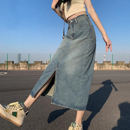 Short Hipped Denim Skirt Women's Trendy All-match Retro High Waist Slimming Split A- Line Mid-length Skirt