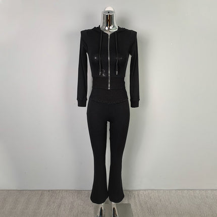 South Korea Dongdaemun Figure Sports suit Slim-fit Sexy Hooded Zipper Short Coat High Waist Flared Pants for Women