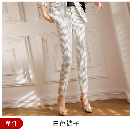Autumn Viscose Commuter Loose Elegant Pants Suit Striped Small Suit Green Long Sleeve Elegant Commuter Women's Clothing