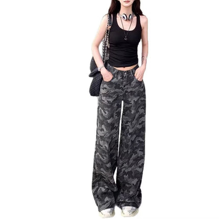 Tall Gray Camouflage Wide-Leg Jeans for Women, Autumn 2025 New Style, Extended Slimming Loose Drape Floor-Length Pants