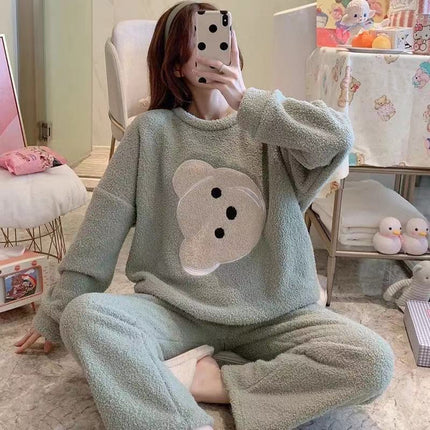 2024 New Autumn and Winter Coral Velvet Cartoon Stripesd Women's Pajamas Thickeneded and Wearable Home Wear Set