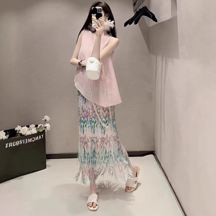 Fashionable Age-Reducing Two-Piece Set for Women, Miyake Sleeveless Top, Pleated Tassel Skirt Suit, Women's Matching Set