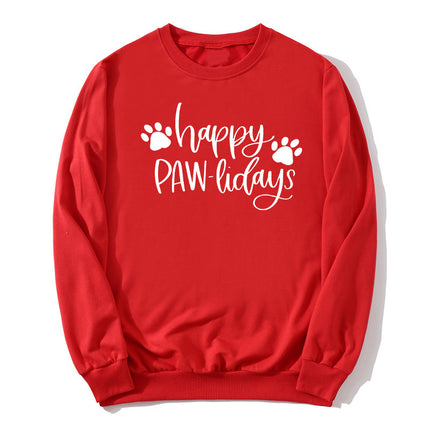 in stock Foreign Trade Cross-border Dog Feet Happy Pawlidays Printed Crewneck Sweat European and American Autumn and Winter Men's and Women's Top