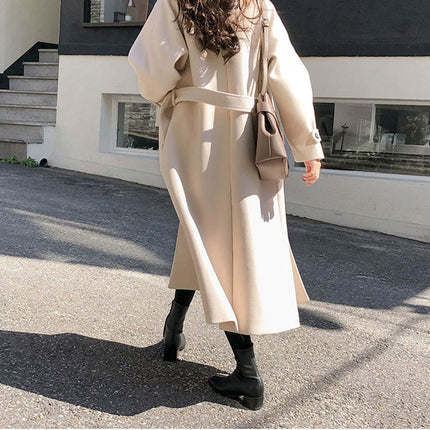 New Winter Student Korean Style Harajuku Style Mid-Length Waist Lace-Up Woolen Outwear for Women Ins Autumn Woolen Outwear