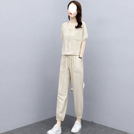 Sports Suit for Women Summer 2025 New Style Casual Fashion Fashionable Age-Reducing Lady Cotton and Linen Two-Piece Set