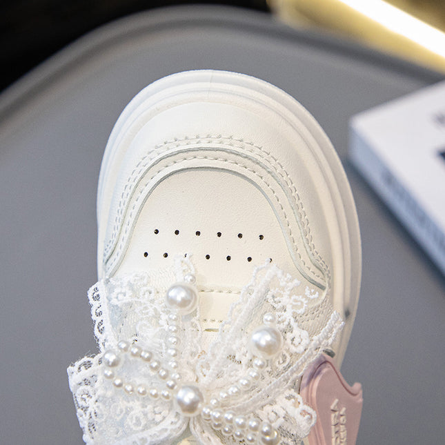 Children's Sneakers 2025 New Spring Girls Leather Breathable sneaker Girls Guofeng Pearl All-match White Shoes