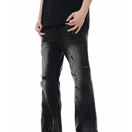 11Kn American Black Slightly Flared Ripped Jeans for Men and Women Washed Trendy Dark Knife Cut Destroyed Loose Casual Pants