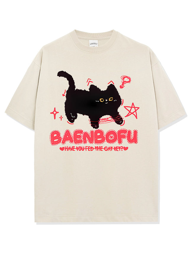 Casual Cat Print Heavyweight 250g Loose Short-Sleeved Washed Cotton Vintage Round Neck Trendy Brand Insins Style