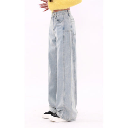 Real Shot Design Sense light blue Straight Jeans Spring New High Waist Loose Slimming Pop Warm Pants