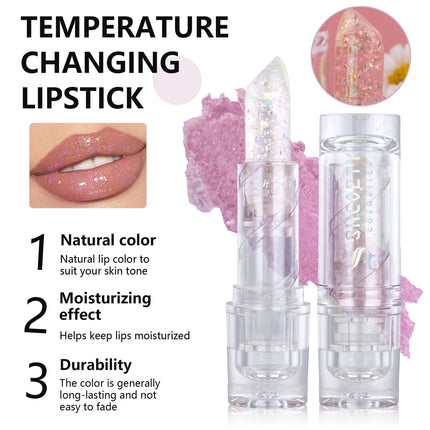 3Color Glitter Color-Changing Lip Balm,Anti-Drying and Long-Lasting Moisturizing Lip Oil, Moisturizing Jelly Lipstick Makeup