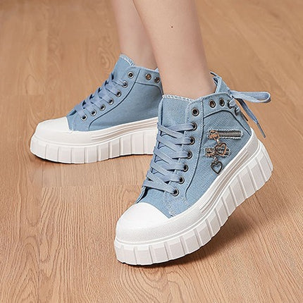 Cross-Border Spring and Autumn Large Size Women's Shoes, Thick-Soled Canvas Shoes, Women's Metal Zipper Love Decoration Casual Sports Shoes