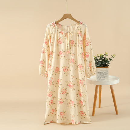 Nightdress women's cotton yarn crepe round neck pullover Spring and Autumn long sleeve pajamas loose outer wear thin home dress