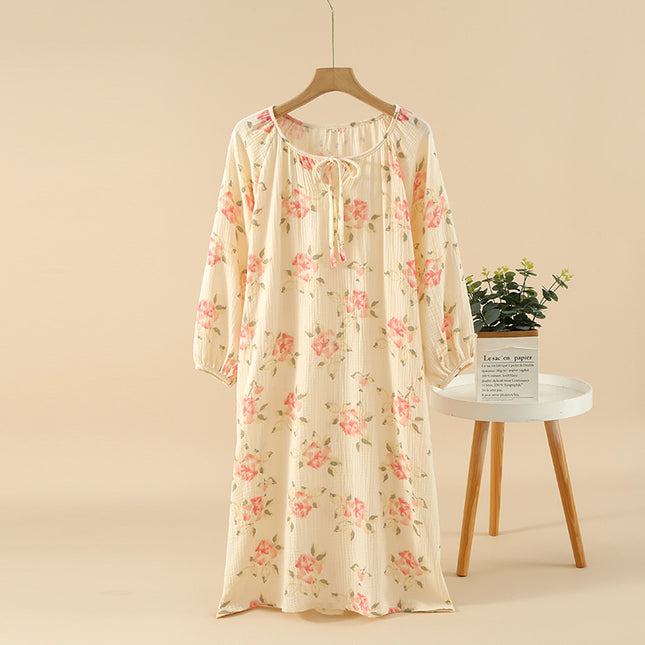 Nightdress women's cotton yarn crepe round neck pullover Spring and Autumn long sleeve pajamas loose outer wear thin home dress
