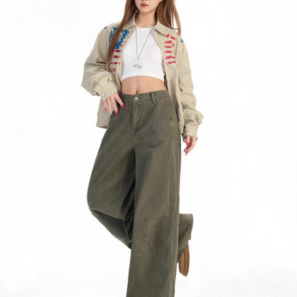 Khaki Wide-Leg Cargo Jeans for Women, Autumn 2025 New American Design, Loose Straight-Leg Floor-Length Pants