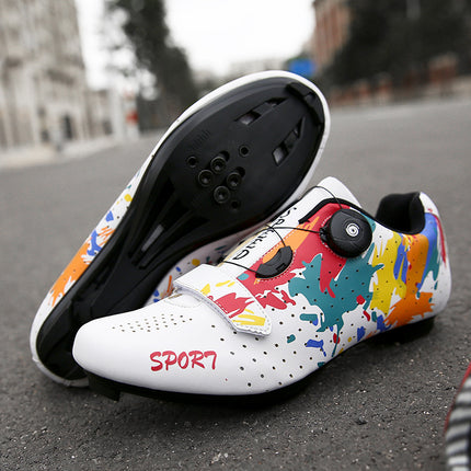 Mountain Bike Lockless Cycling Shoes Men's and Women's Graffiti Road Bike Lock Shoes Hard Sole Dynamic Bicycle Shoes Bicycle Professional Shoes