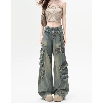 American Style Hot Girl Retro Heavy Industry Design Sense Heavy Industry Multi-Pocket Denim Overalls Women's Autumn and Winter Loose Mop Pants