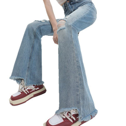 Ripped Flared Jeans for Women 2025 Summer New High-Waisted Frayed Design Distressed Floor-Length Bootcut Pants