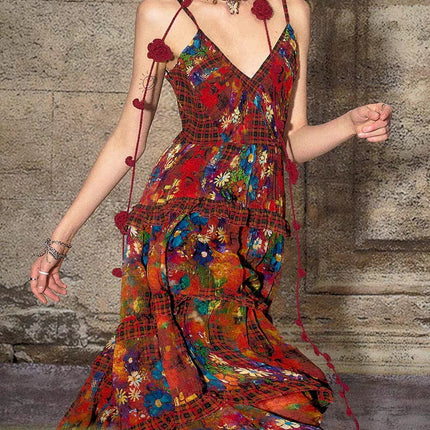 TheNeverMo Fireworks Burning Spring French Retro V-neck Strap Floral Long Dress for Holiday dress Summer