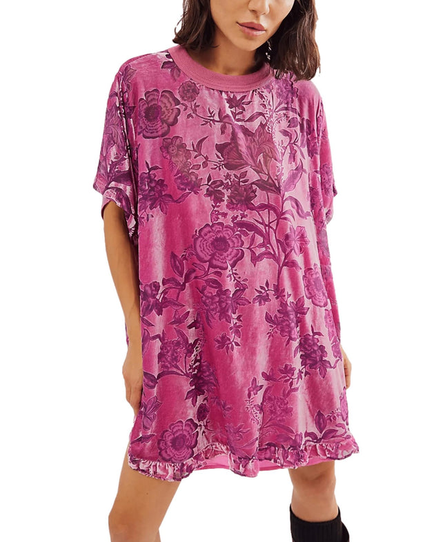 Amazon 2024 Women Fashion Vintage Velvet dress Round Neck Short Sleeve Floral Print Mini Elegant