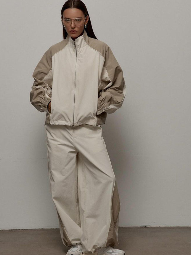 Aliexpress Cross-Border New Casual Women's Fashion Color-Blocking Drawstring Sports Jacket and Pants Set European and American Two-Piece Set