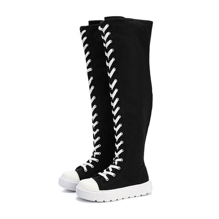 Cross-Border 2024 Spring New Large Size Women's Shoes High-Top Strap Side Zipper Canvas Shoes Simple Long-Tube Over-The-Knee Boots